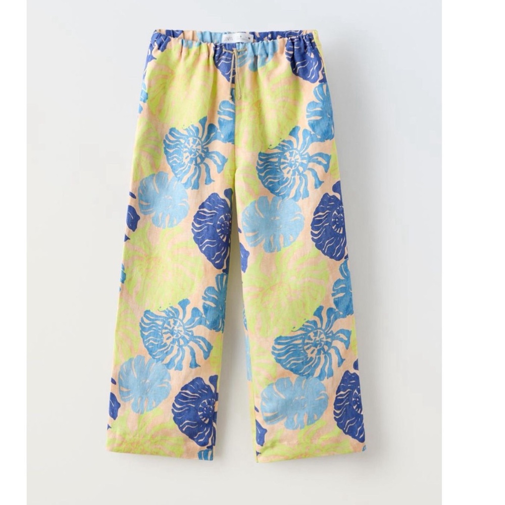 Zara Kids Blue and Yellow Leaf Print Linen Pants